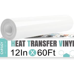 CAREGY Heat Transfer Vinyl White Iron on Vinyl-12 x 60Ft HTV Vinyl Roll Easy to Cut & Weed for Heat Vinyl Design