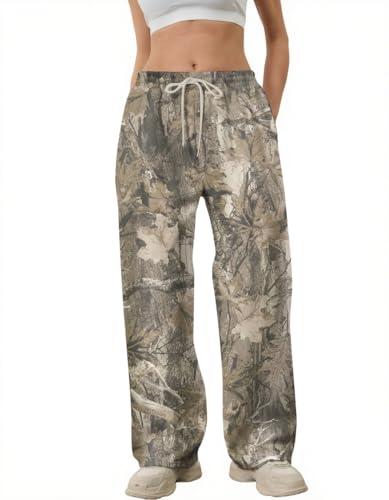 MSBESYOR Camo Pants Women Baggy Fleece Y2K Camouflage Cargo Pants High Waisted Wide Leg Drawstring Jogger Sweatpants, Size M