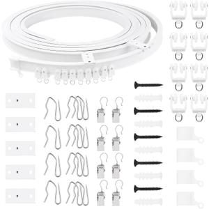 Swpeet 151PCS 5M Ceiling Curved Curtain Track Kit, Soft Windows Curved Track System, Metal Curtain Hooks & Clips, Snap-on Ceiling Brackets