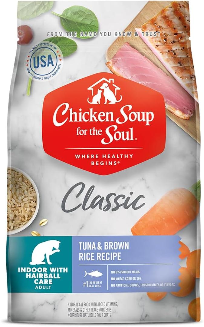 Chicken Soup for the Soul All Natural Premium Indoor w/Hairball Care Adult Dry Cat Food, Real Meat First Ingredient, No By-Products, Supports Intestinal Health, Tuna & Brown Rice, 12lb. Best Before 01/17/26