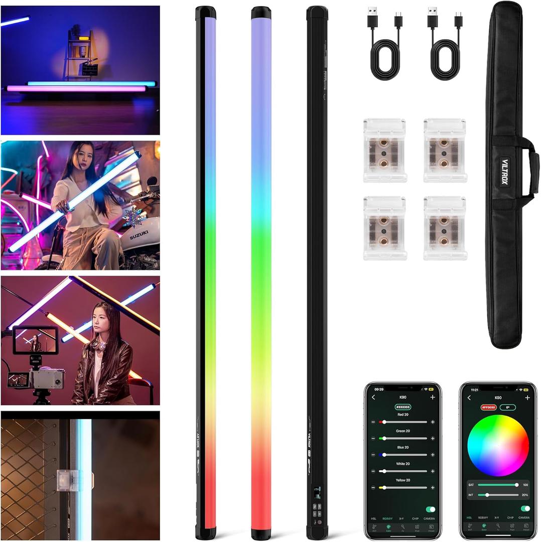 VILTROX K90 2 Pack RGB Tube Light, 30W 38inch Large RGBWY Photography LED Video Stick Light Wand with APP/2.4G/Remote Control, CRI 97+, 26 Scenes, 2500K-8500K, 14.8V/3300mAh Battery, Magnetic Chip