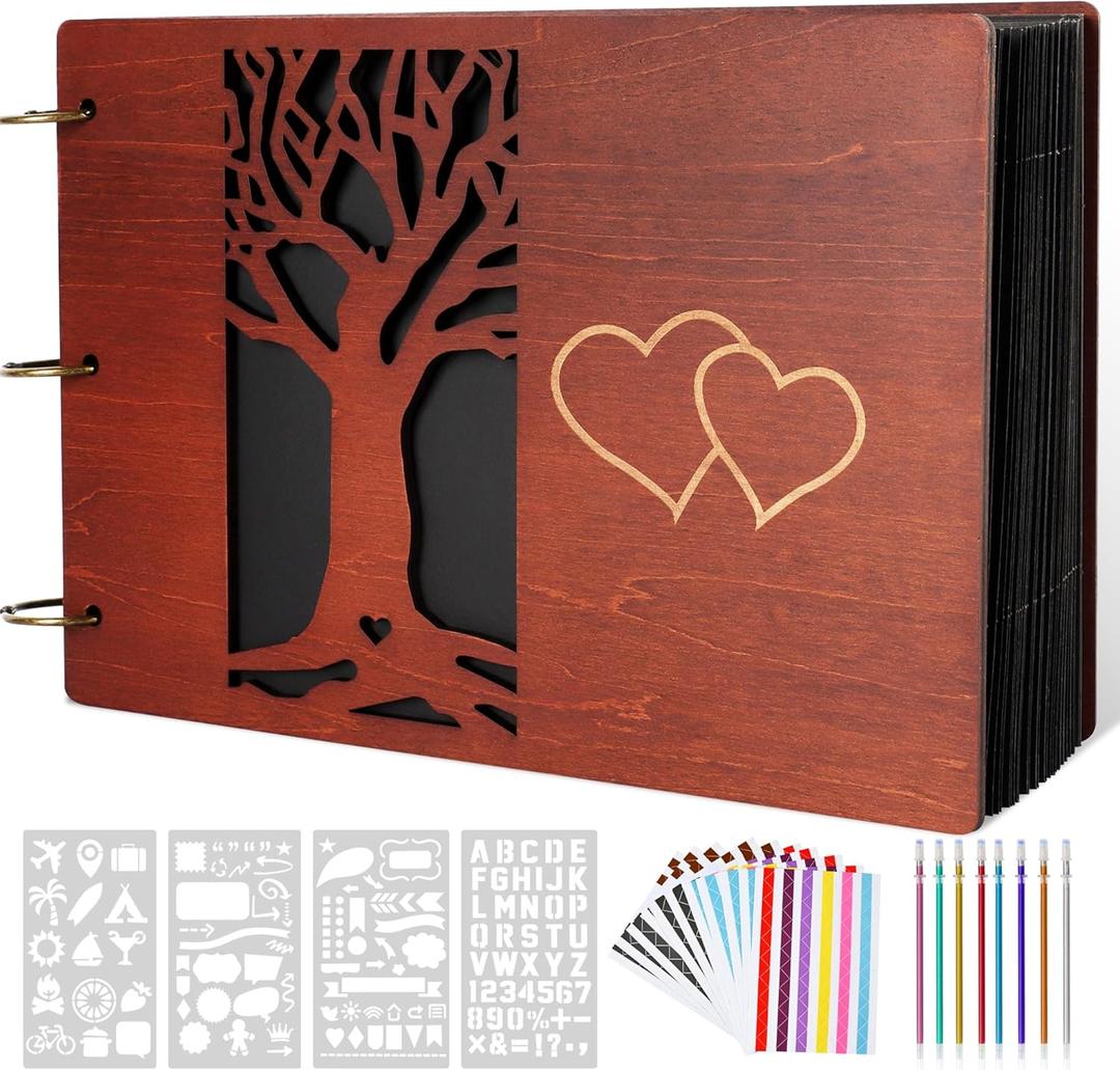 Giiffu Wooden Family Scrapbook Album, DIY Photo Memory Book with Family Tree Design, 100 Pages Personalized Scrapbooking Album, Gift for Mothers Day, Baby Shower & Family Keepsake