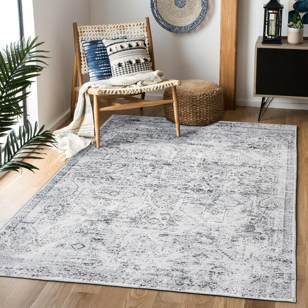 Area Rug 35, Vintage Boho Rug,Ultra-Soft Low Pile, Washable, Non Slip,Stain Resistant Printed Carpet for Living Room Bedrooms Playroom Office Kitchen, Classic-Grey