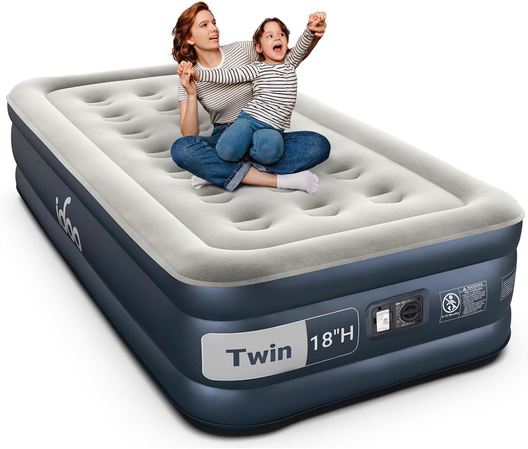 iDOO Twin Air Mattress with Built in Pump, 18" Raised Compact Blow up Mattress, Inflatable Mattress for Camping Guest Home, Portable Travel Air Bed, 2-Min Quick Inflation Deflation, Colchon inflable (Grey)
