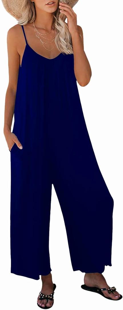 Womens Summer Casual Sleeveless Jumpsuit Loose Adjustable Spaghetti Strap Jumpsuits with Pockets 2025 Clothes Large Dark Blue