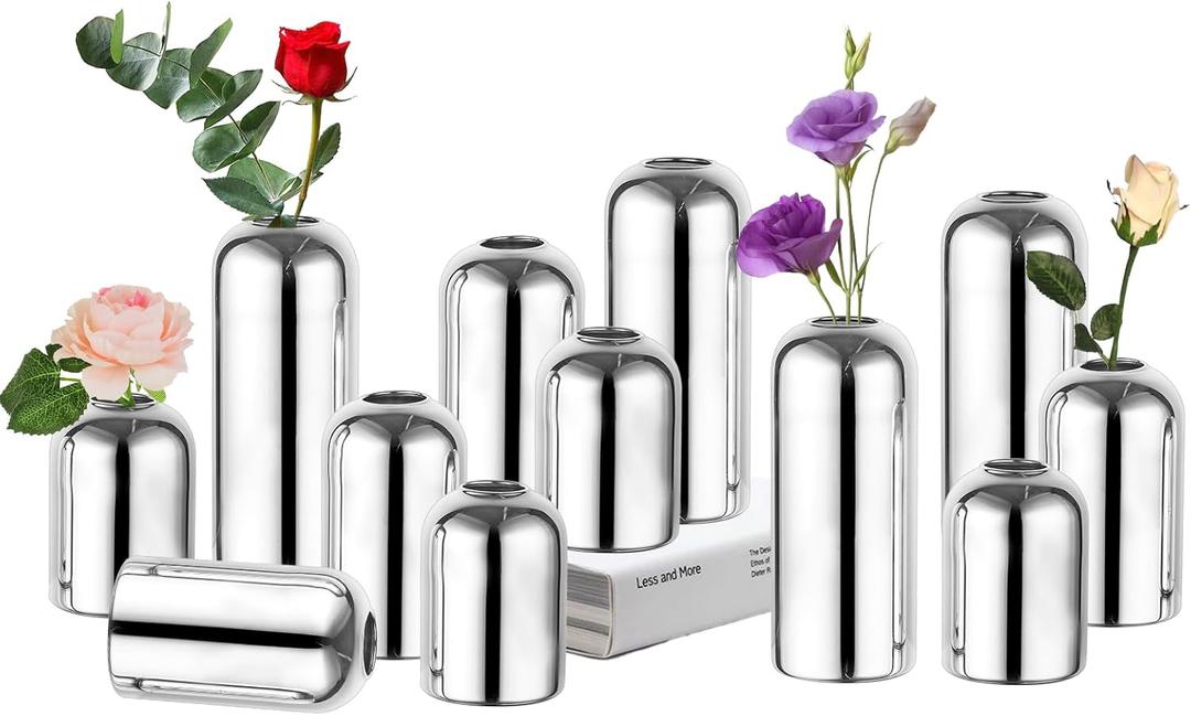 Glass Bud Vases for Centerpieces Silver - Hewory 12pcs Blown Modern Cylinder Small Glass Vases, Mini Bulk Single Flower Vase for Wedding Party Event Home Decor Floral Arrangement (Not Include Flowers)
