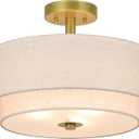 XiNBEi Lighting 3 Light Semi Flush Mount Light, Close to Ceiling Light Fixture with Fabric Shade Retro Gold Brass 16 inch Semi Flush Drum Light for Bedroom & Living Room XB-SF1289-GB