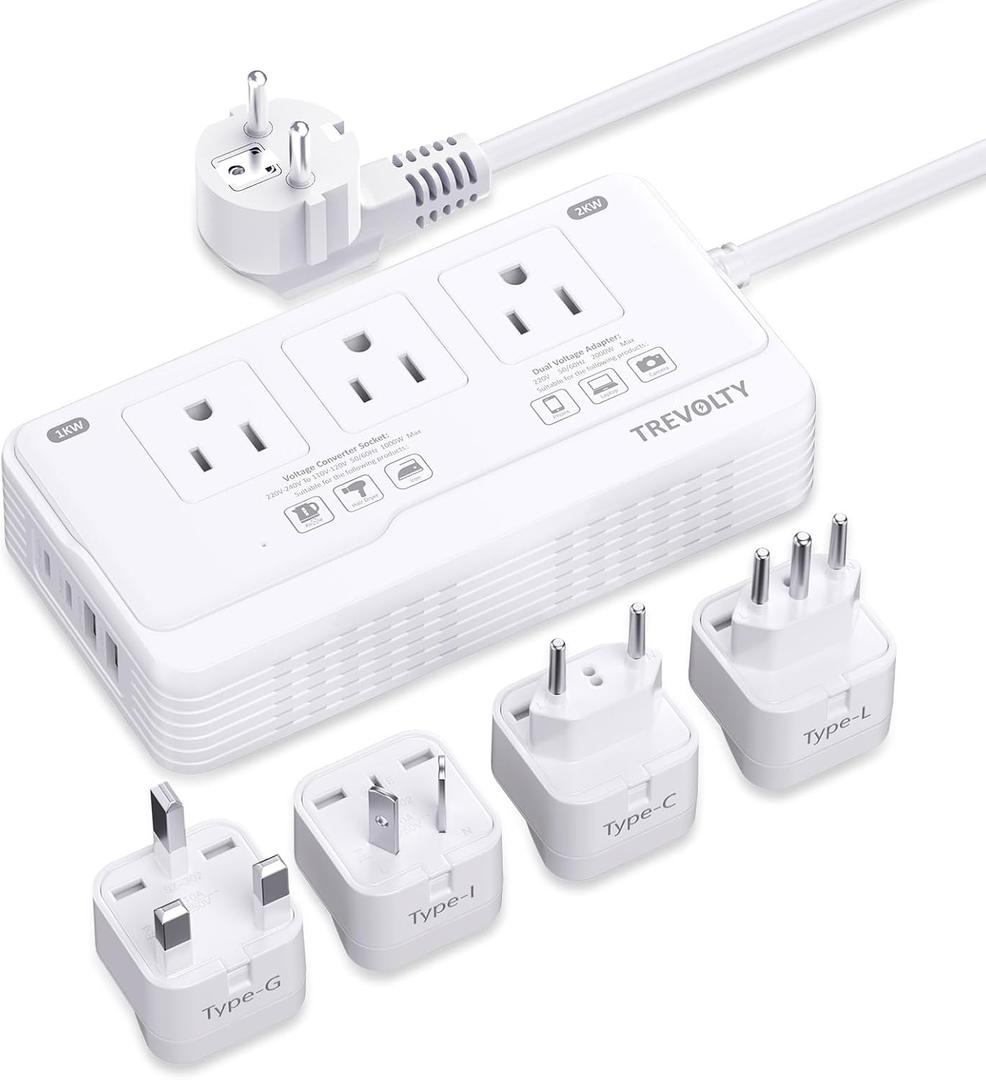 2000W Voltage Converter US to Europe for Hair Dryer, 220V to 110V Converter for European Travel with 3 AC 2 USBC 2 USBA Ports, European Travel Plug Adapter with Type C/G/I/L (White)