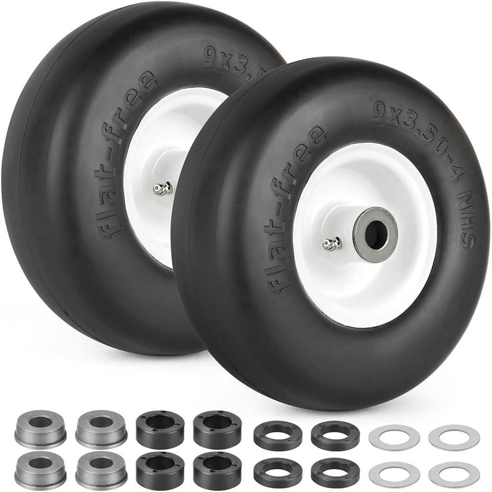 LotFancy 9x3.50-4 Flat Free Tire and Wheel, 2 PCS Lawn Mower Tire, 3/4" or 5/8" Bushings, 3.5"-4"-4.5"-5" Centered Hub, Smooth Tread Tire for Zero Turn Mowers