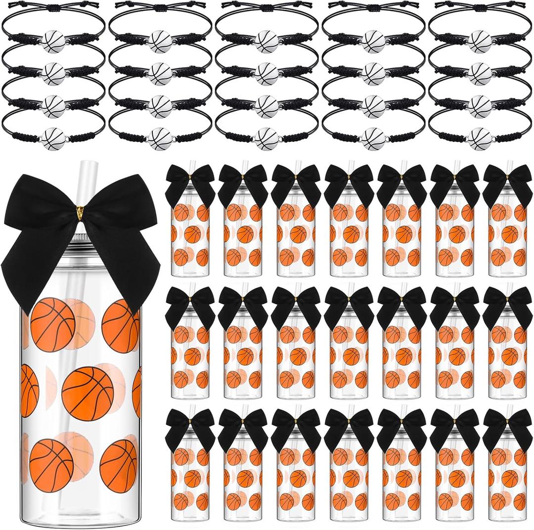 Skylety 20 Set Basketball Senior Night Party Favors 20 Pcs 13.5 oz Plastic Reusable Tumbler Cups with Lid and Straw 20 Pcs Bracelets for Basketball Team Senior Night Gifts Sports Party Decoration (Black)