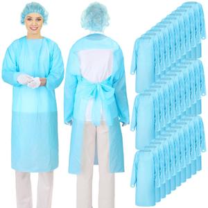TrelaCo 30 Pack Disposable Isolation Gowns PPE Gowns Set with Sleeves Thumb Loops Waist Ties 46 Inch Large Waterproof CPE Odorless Disposable Gown for Home Isolation, Lab, Dental, Beauty (Blue)
