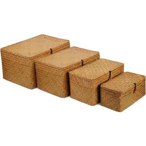4 Pack, Wicker Baskets with Lids, Nautral Seagrass Storage Baskets, Woven Rectangular Basket Bins, Rattan Storage Organizer for Shelf (Natural)