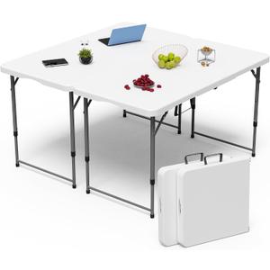 Folding Table 4 Foot for Indoor Outdoor, Portable Heavy Duty Fold-in-Half Utility Small Plastic Adjustable Height Folding with Carrying Handle for Picnic and Party, White (White, 4 FT - 2 PACK)