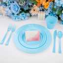 KIRE 150 Piece Blue Plastic Plates Disposable - Blue Dinnerware Set Includes 25 Dinner Plates, 25 Salad Plates, 25 Utensils Set 25 Clear Cups for Birthday/Picnic/Baby Shower/Easter/Spring