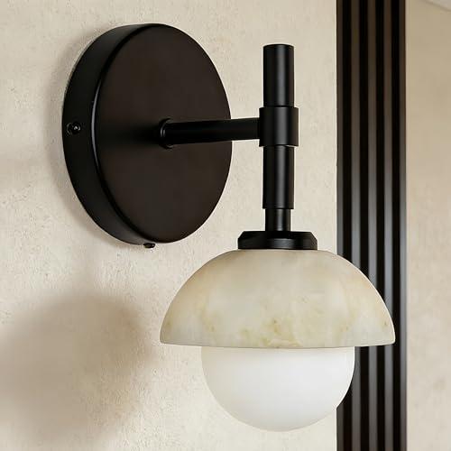8" Vintage Sconce Wall Lighting with Alabaster and Opal Glass Globe Shade, Modern Bathroom Vanity Beside Mirror, Hardwired Wall Mounted Lamp for Living Room Bedroom Stairwell (Black)