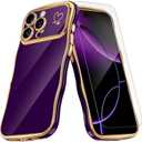 QVLANG for iPhone 16 Pro Max Case, Cute Wave Frame Curly Case, Plating Edge Soft Cover with Love Heart[1xScreen Protector]Soft TPU with[Full Camera Protection] Phone Cases for Women Girls, Deep Purple Set of 3