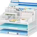 Lavatino Desk Paper File Organizer - Metal Mesh with 2 Letter Trays, 7 Flexible Dividers, 2 Vertical File Folder Holders for Office/Home/Classroom Supplies, Desk Organizers and Accessories, White