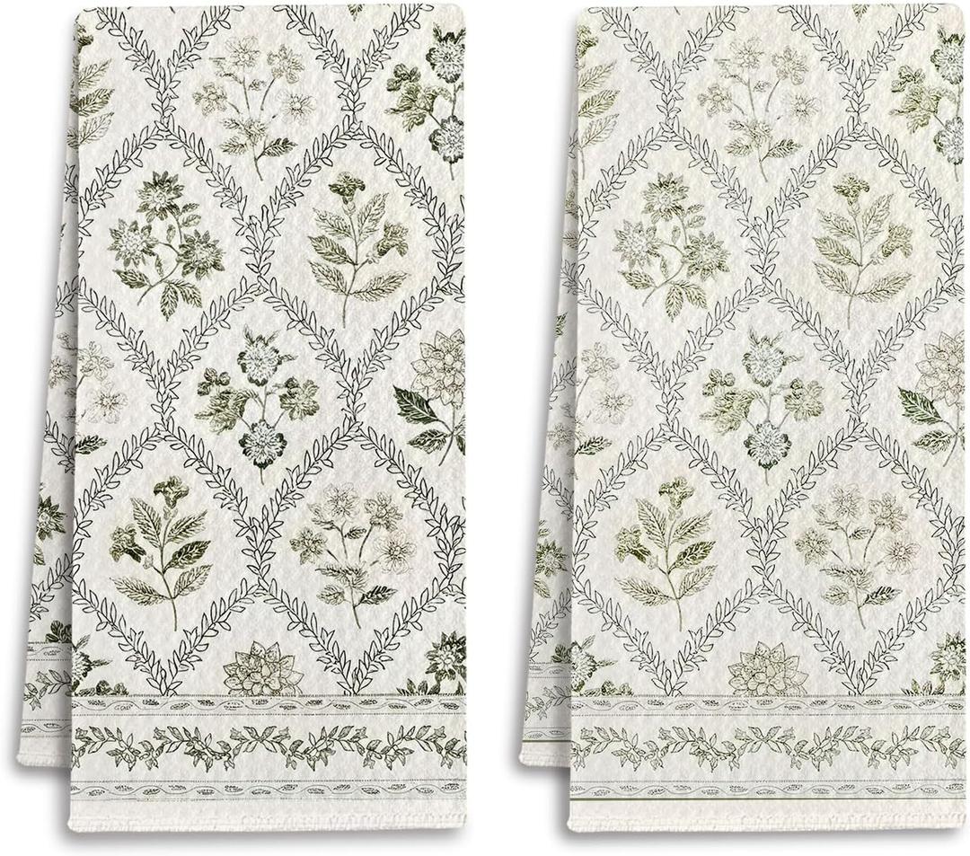 Boho Botanical Floral Kitchen Towels, Farmhouse Cottagecore Dish Tea Towels for Kitchen Decor, Retro Art Nouveau Flower Decorative Hand Towel for Bathroom, 16x24 Inches Set of 2