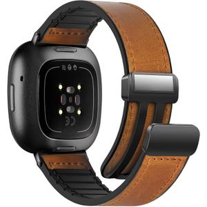 Magnetic Leather Bands Compatible with Fitbit Versa 4/Versa 3/Sense 2/Sense, Magnetic Clasp Wristband Accessory, Adjustable Soft Replacement SmartWatch Strap for Men and Women