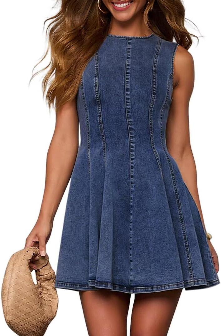 KDF Denim Dress for Women Sleeveless Babydoll Tank Jean Dress Slim Fit A-Line Summer Dresses for Women 2026 (Blue, M)