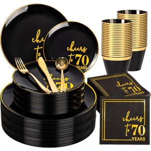 U-QE 20 Guests Black Plastic Birthday Plates - Include 70th Birthday Plates and Napkins, Gold Silverware, Gold Plastic Cups - Back in 1955 Party Plates for Men Women Cheers to 70 Years