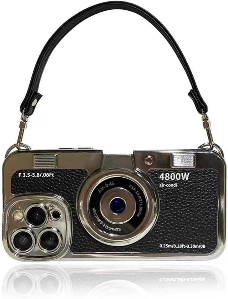3D Vintage Camera Phone Case with Hand Strap - Unique Cool Silicone PC Shockproof Crossbody Protective Case for iPhone 15 Pro-Black