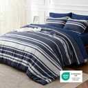 Bedsure Queen Comforter Set 7 Pieces, Blue Striped Bedding Set for All Seasons, Reversible, Cationic Dyeing Bed in a Bag with Comforter, Sheets, Pillowcases & Shams