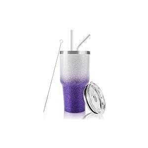 D·S 30 oz Tumbler Purple Glitter Gradient Cup Stainless Steel Double Wall Vacuum Insulated Mug with Straw and Lid, Cleaning Brush for Cold and Hot Beverages