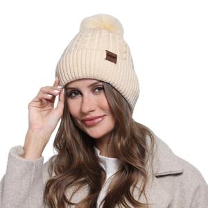 WOOH Womens Beanies for Winter,Knit Hat with Faux Fur Pom Pom Beanie for Women,Warm Fleece Lined,Less Static Beige