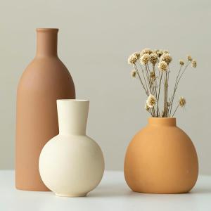 Modern Ceramic Vase Set of 3, Decorative Flower Vases for Home, Multicolor Pottery Vases for Living Room, Kitchen, Bedroom, Shelf, Rustic Farmhouse (Brown Mix)