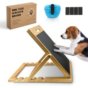 Solid Bamboo Dog Nail Scratch Board 5 Adjustable Angles for Trimming & Filing Includes Clip-On Silicone Treat Pouch for Training