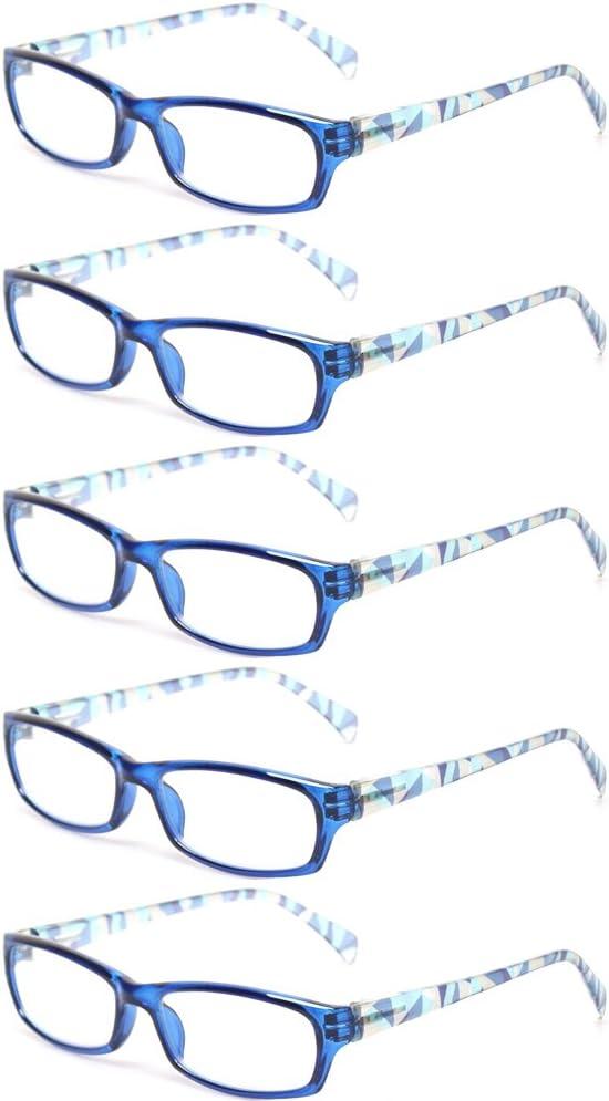Kerecsen Reading Glasses 5 Pairs Fashion Ladies Readers Spring Hinge with Pattern Print Eyeglasses for Women (5 Pack Blue, 4.00)