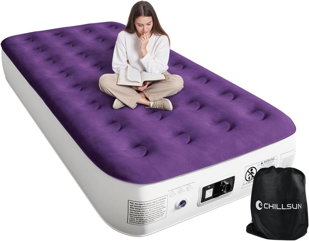 CHILLSUN Twin Air Mattress with Built-in Pump-2 Mins Quick Inflate/Deflate Double Height Blow Up Mattress for Camping,Home & Portable Travel - Adjustable Inflatable Mattresses,Durable Waterproof (Purple)