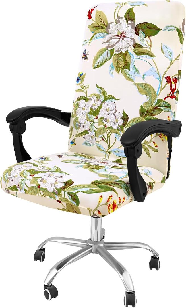 Smiry Stretch Printed Office Computer Chair Covers, Universal Desk Rotating Chair Slipcovers Removable Washable, Soft Fit Anti-Dust Spandex Protector Cover with Zipper, Beige and Green