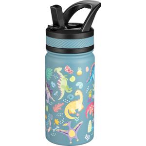 Fanhaw 14 Oz Kids Insulated Water Bottle with Straw - Stainless Steel Double Wall Vacuum Cup, Leakproof, BPA Free, Suitable for Boys and Girls(Cyan - Dinasours World)