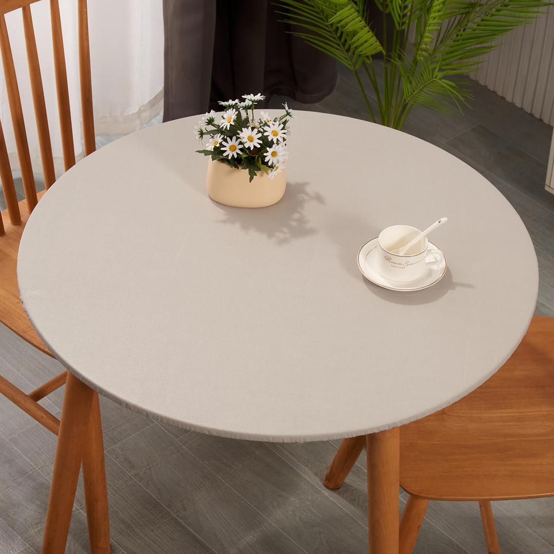 Round Plastic Table Cloth, with Soft Flannel Backing,100% Waterproof Round Vinyl Tablecloth with Elastic, Indoor/Outdoor Picnic Tablecloths. (Light Gray, Fits 40" - 44" Round Tables)