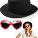 Black Fedora Hats Red Heart Sunglasses Costume for Women and Men, Fashion Flat Wide Brim Round Hats