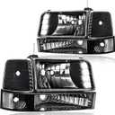 LED Headlights for 1992 1993 1994 1995 1996 Ford F150/F250/F350/Bronco Headlamp w/LED Bar Pair of Driver Left & Passenger Right Side Black Housing Clear Reflector