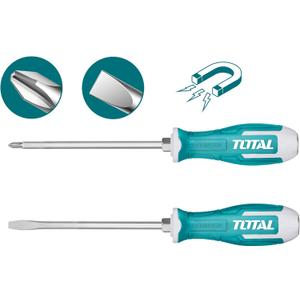 TOTAL - Set of 2 screwdrivers - 1 flat tip and 1 with Phillips tip - Magnetic tip with strong magnet - Convenient to use - S2 steel