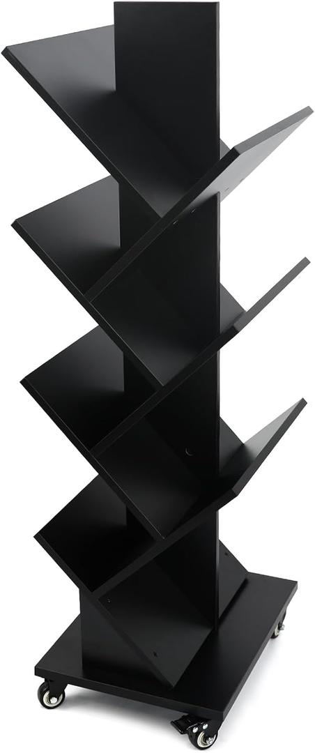 Homaterial 360Rotating Tree Bookshelf - 7 Tier Space Saving Bookshelf, Corner Shelf for Small Spaces Black