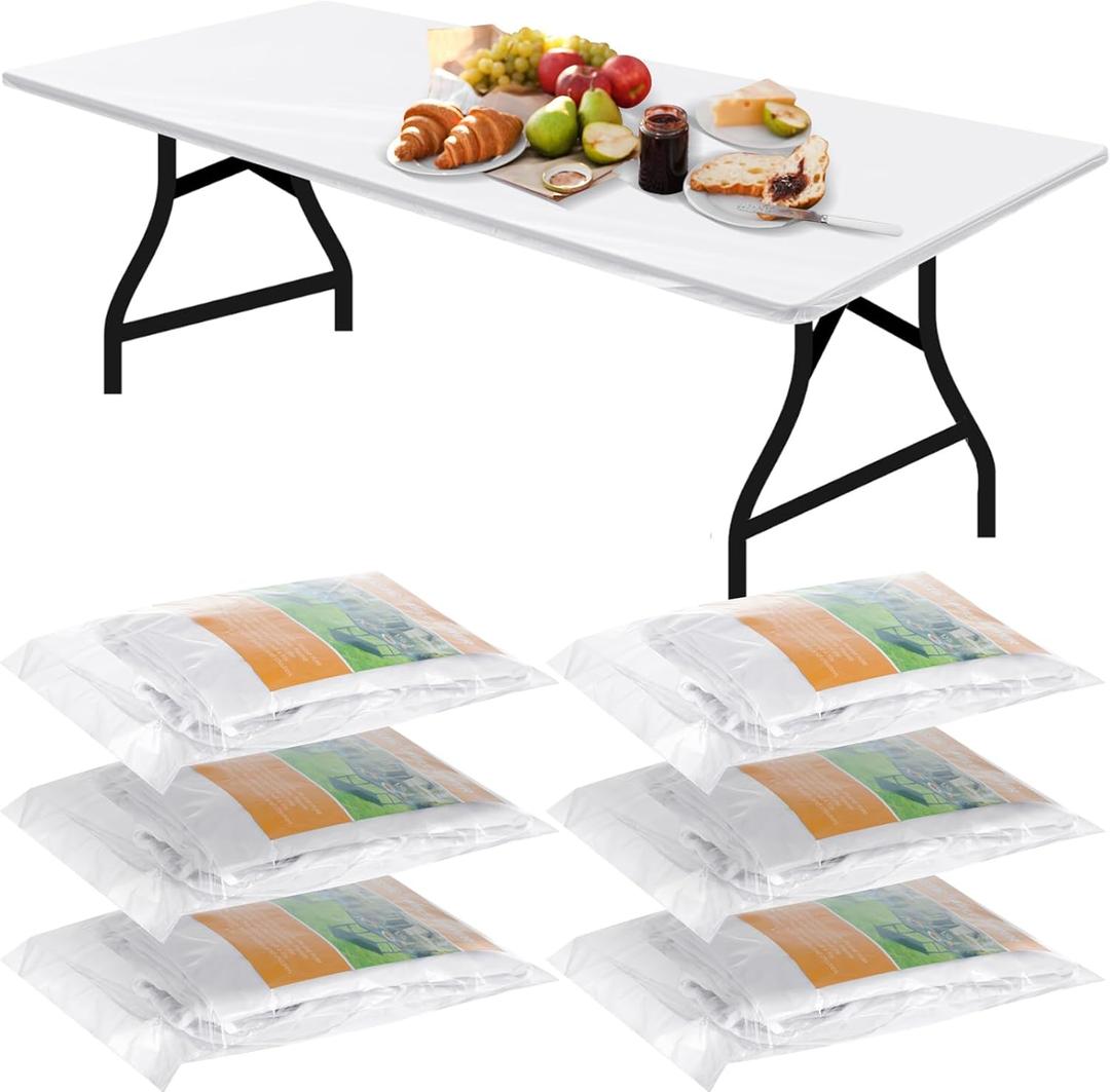 Boao 6 Pcs Disposable Plastic Tablecloth Parties Picnic Table Covers with Elastic Fitted Elastic Plastic Table Cover Rectangle Waterproof for Indoor, Outdoor, Picnic, Camping (96 x 30 Inch, White)