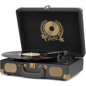 Vinyl Record Player Bluetooth Turntable 3-Speed Suitcase Portable Vintage Belt-Driven Record Player with Built-in Speakers RCA Line Out AUX in Headphone Jack LP Recording to Convert Records to MP3