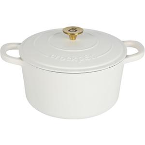 Crock-Pot Artisan 5-Quart Round Dutch Oven  Matte Linen White with Gold Knob, Enameled Cast Iron Cookware