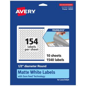 Avery TrueBlock Matte White Round Labels, Sure Feed Technology, 0.5" Diameter, 1,540 Matte White Labels, Print-to-The-Edge, Laser/Inkjet Printable, Great for Product Merchandising Stickers