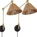 WINGBO Wall Sconce Rattan Wrapped Wall Lamp, Adjustable Swing Arm Wall Light Foldable Gold Light Fixture Vintage Bedside Light Wicker Handmade Shade Reading Light Plug in or Hardwire Gold/Black