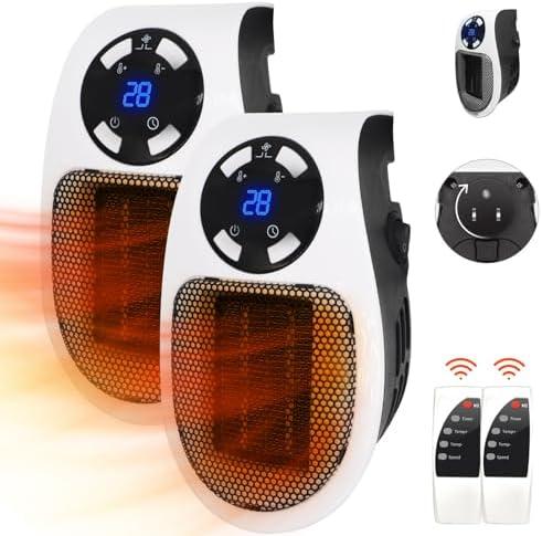 2PCS Ecowarm Plug in Heater, 500W Wall Outlet Electric Space Heater as Seen on TV, Small Portable Space Heater with Adjustable Thermostat & Timer & Led Display for Office Bathroom Bedroom Indoor Use