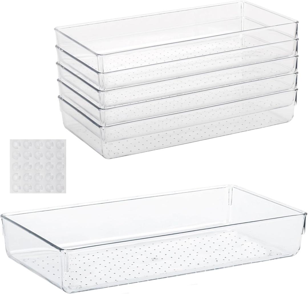 6Pcs Clear Plastic Drawer Organizers Tray 12" x 6.2" Storage Bins with 25Pcs Non-Slip Pads for Makeup, Jewelries, Kitchen Utensils, Bathroom and Office