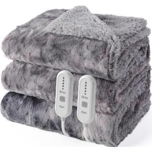 Dowin Heated Blanket King Size, Dual Controllers Faux Fur Electric Blankets, Tie-dye Plush Heating Blanket, Over-Heat Protect, 5 Heating Levels, Machine Washable (100"x 90" Grey)