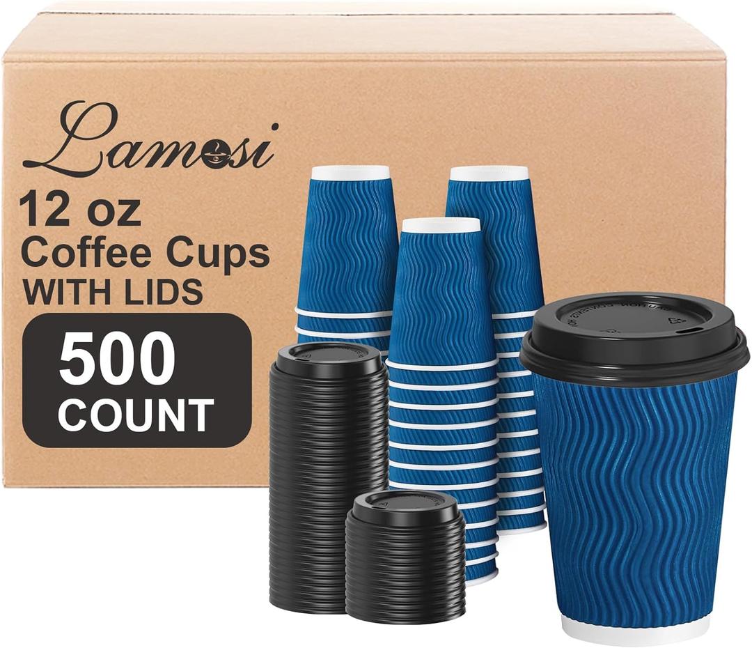 Lamosi Disposable Coffee Cups with Lids 12 OZ 500 Pack, Insulated Paper Corrugated Ripple Wall To Go Cup for Hot Beverages - Blue Lamosi Disposable Coffee Cups with Lids 12 OZ 500 Pack, Insulated Paper Corrugated Ripple Wall To Go Cup for Hot Beverages - Blue