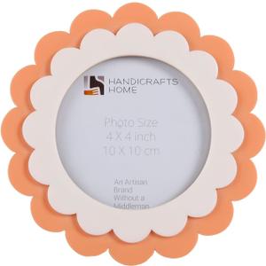 Handicrafts Home 4x4 Picture Frame  Scalloped Rose Glow Resin Inlay  Handmade Decorative Nursery Inspired Decor Round Frame for Desk or Shelf, Boho Home Decor, Farmhouse Style, Gift for Mom to Be